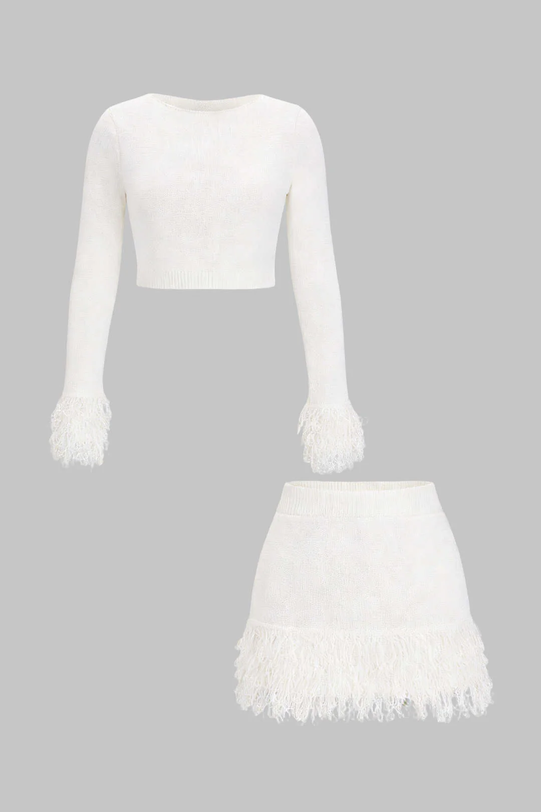Knit Fringe Long Sleeve Top And Mini Bodycon Skirt Set - Image 6