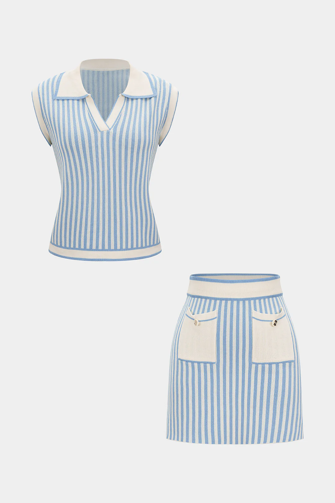Knit Stripes Contrast Print V-Neck Tank Top And Pocket Skirt Set - Image 6