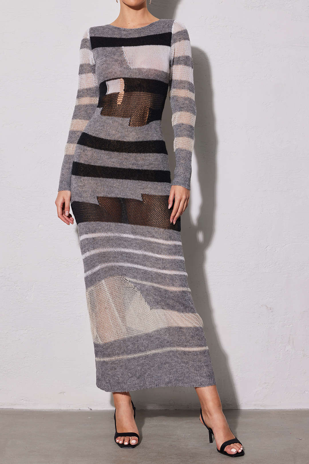 Contrast Long Sleeve Round Neck Open Knit Maxi Dress - Image 2
