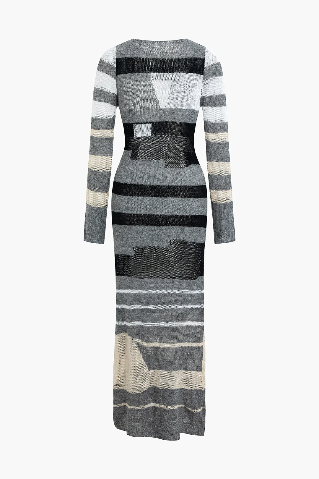 Contrast Long Sleeve Round Neck Open Knit Maxi Dress - Image 5