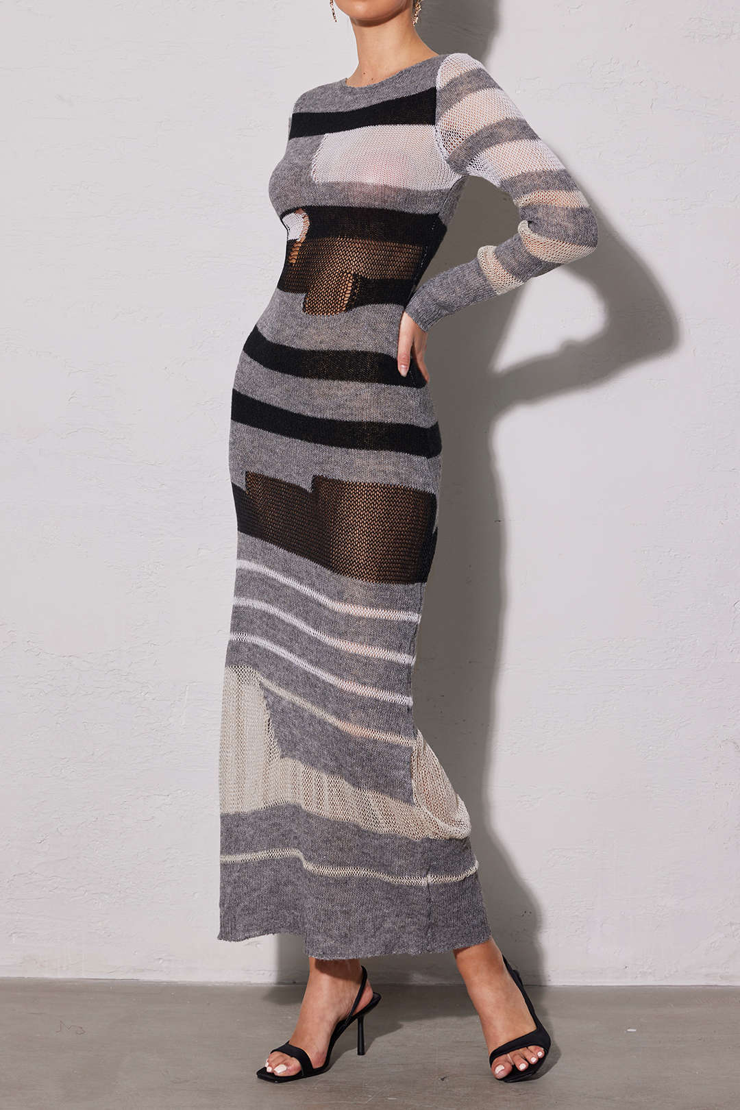 Contrast Long Sleeve Round Neck Open Knit Maxi Dress - Image 8