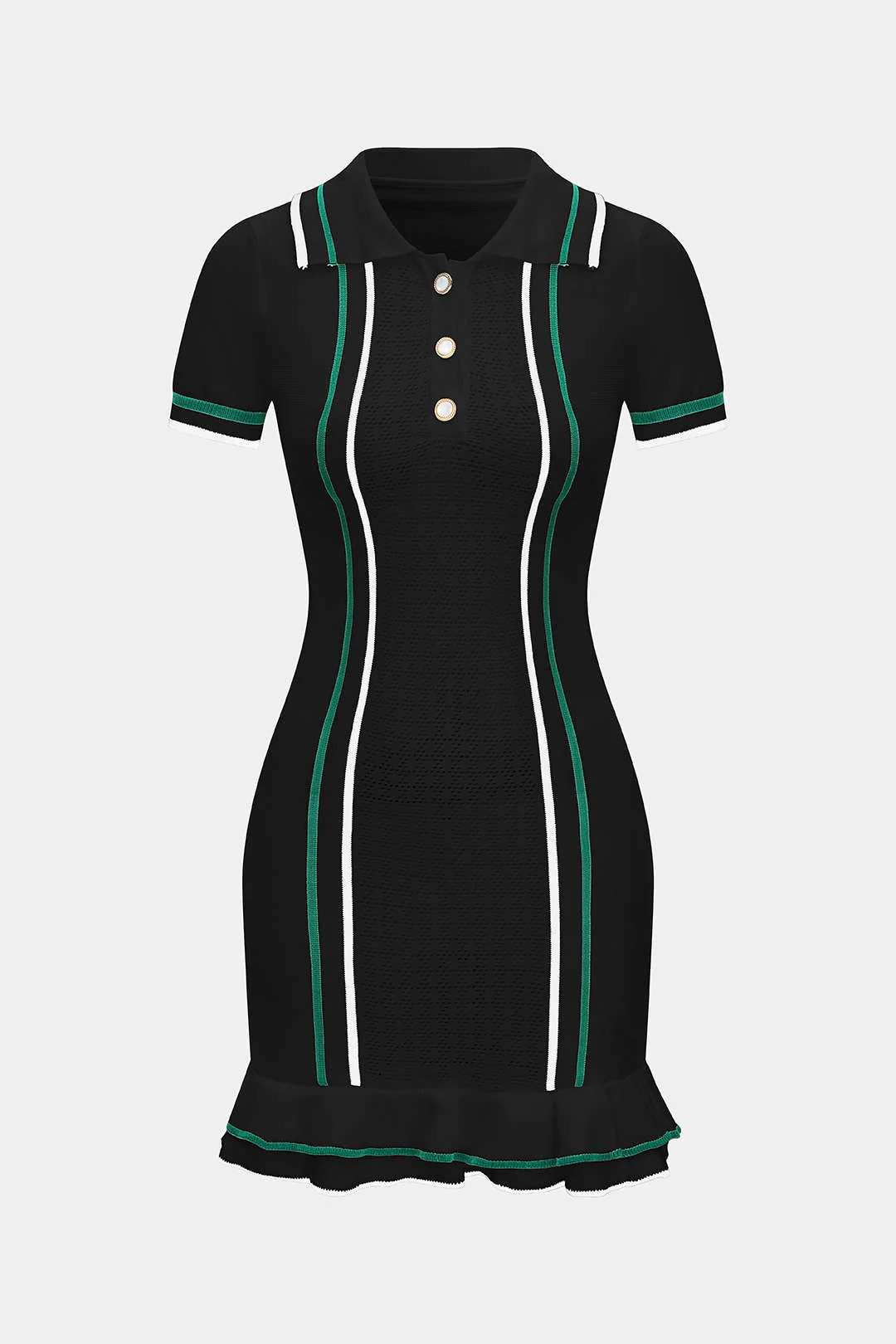 Knit Contrast Button Ruffle Short Sleeve Dress - Image 6