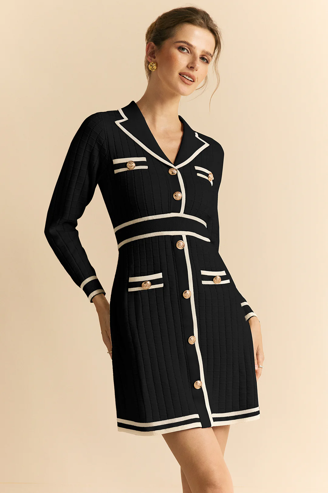 Knit Contrast Metallic Button Long Sleeve Dress