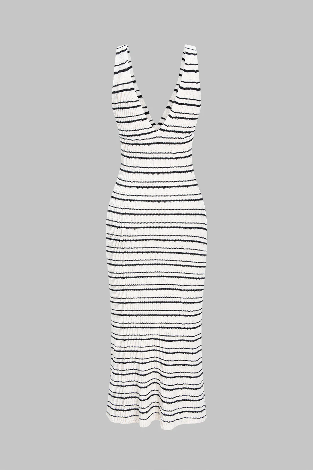 Knit V-Neck Stripes Print Contrast Sleeveless Midi Dress - Image 6