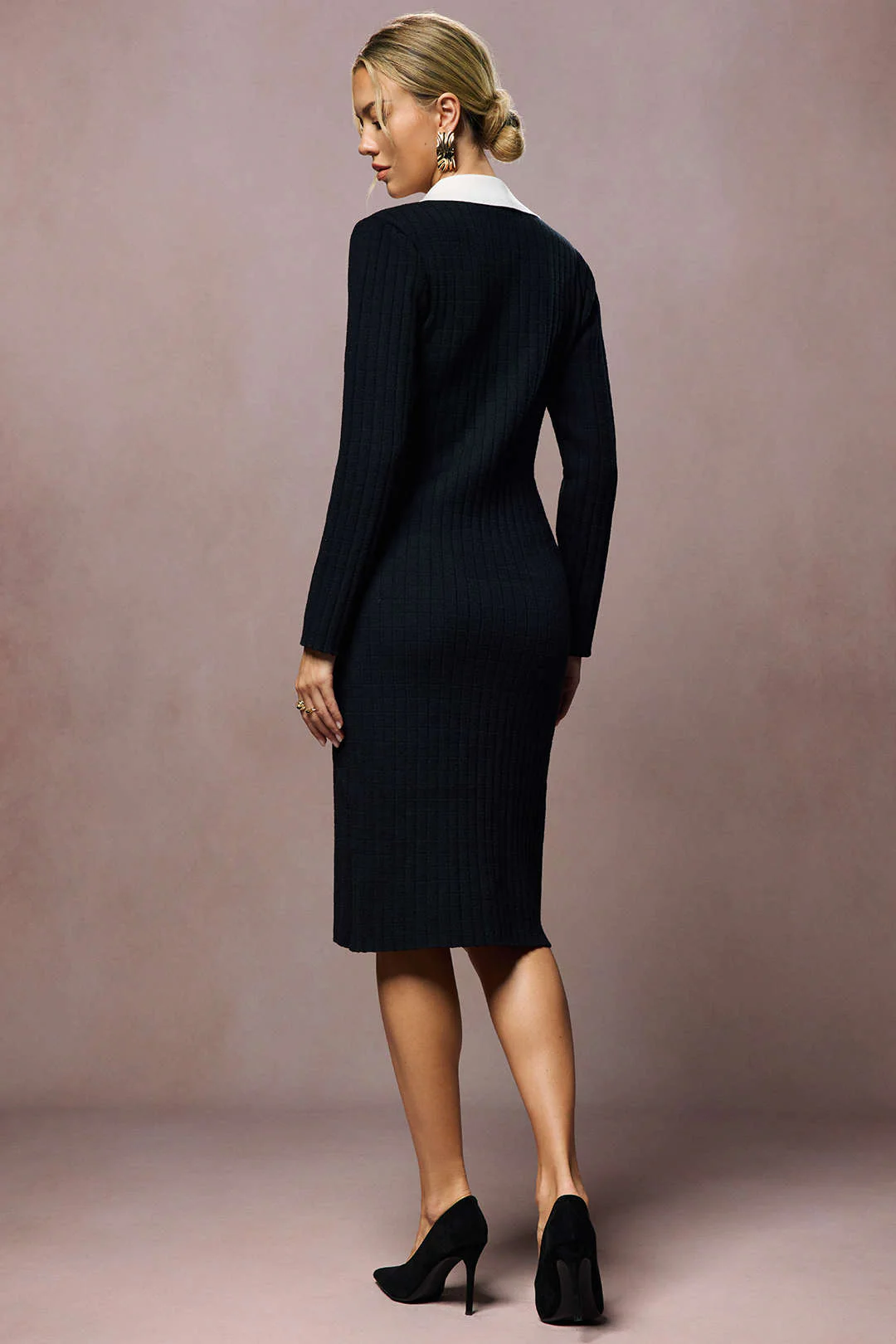 Knit Notched Lapel Contrast Long Sleeve Dress - Image 2