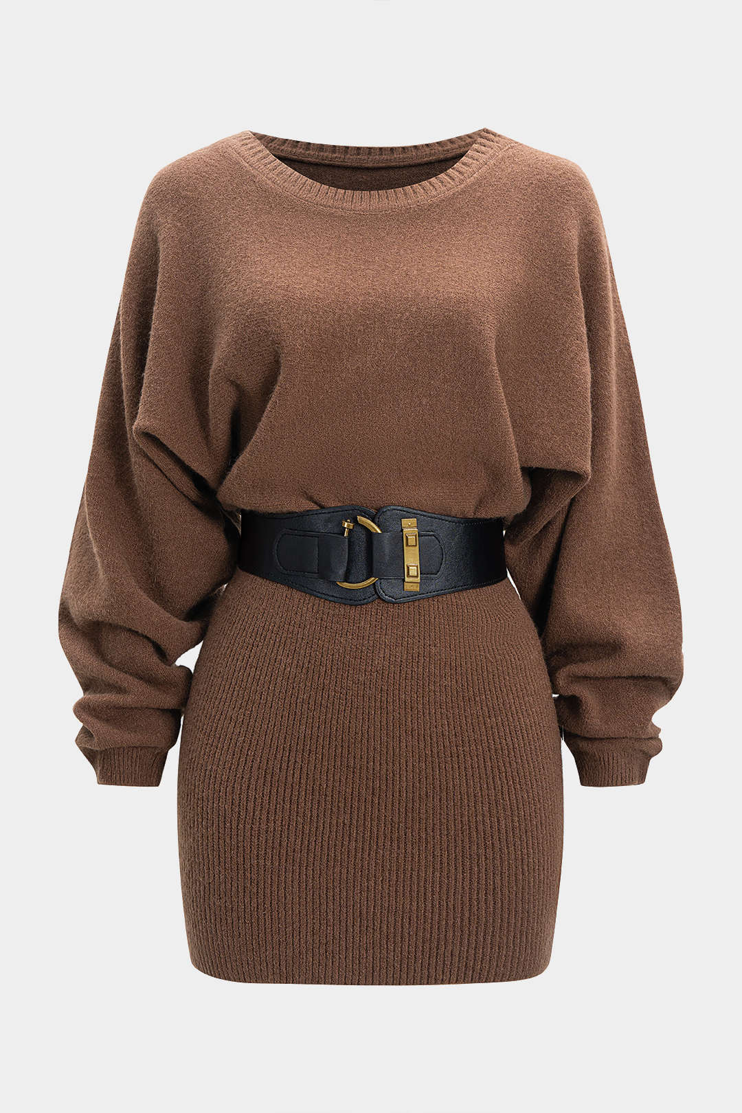 Knit Belted Batwing Long-Sleeve Dress