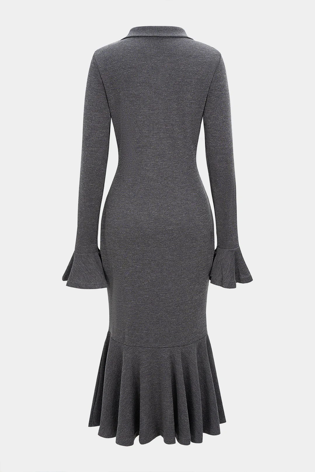 Lapel Ruffle Hem Zipper Bell Sleeve Midi Dress - Image 2