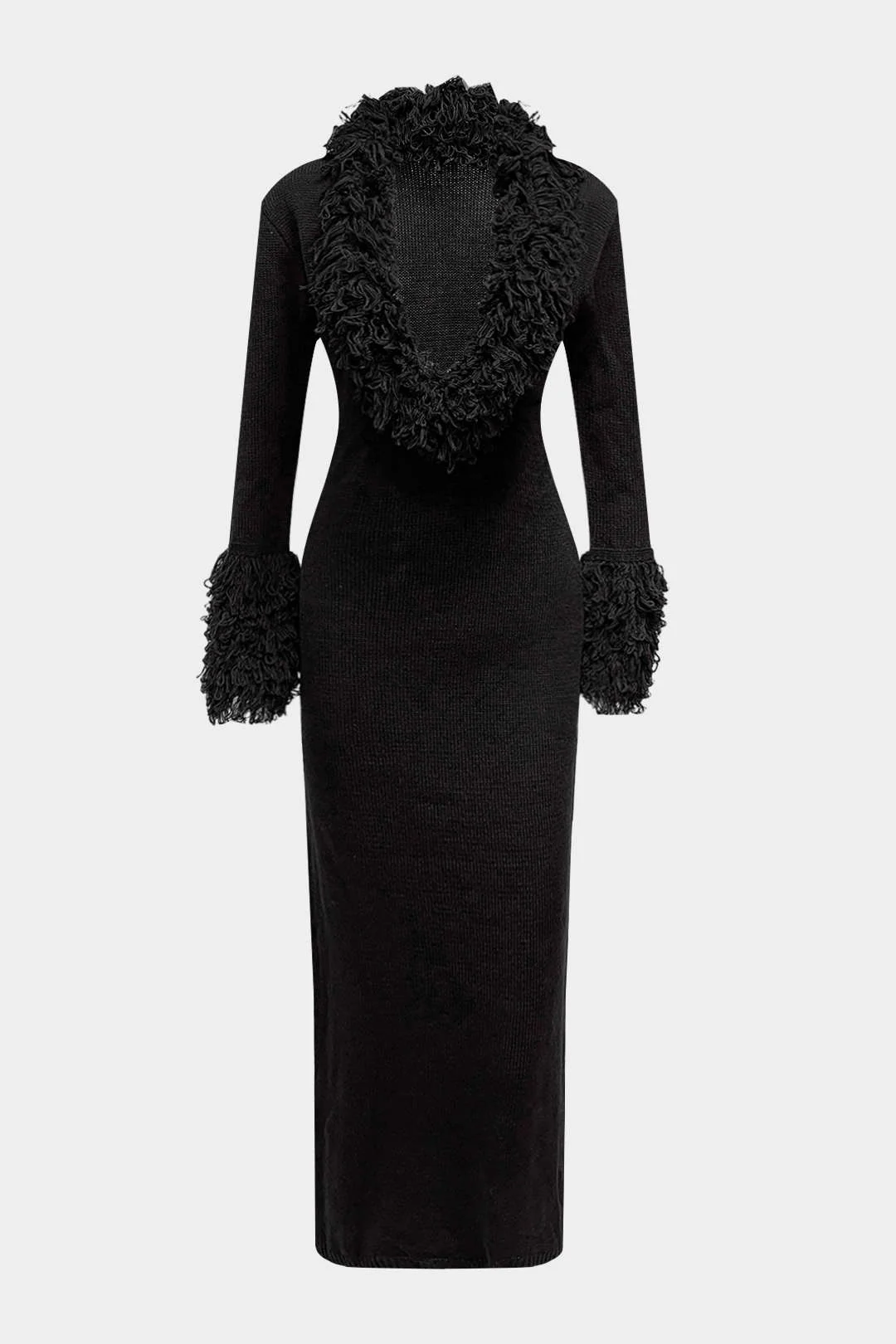 Knit Fringe Trim Deep V-Neck Long Sleeve Dress - Image 5