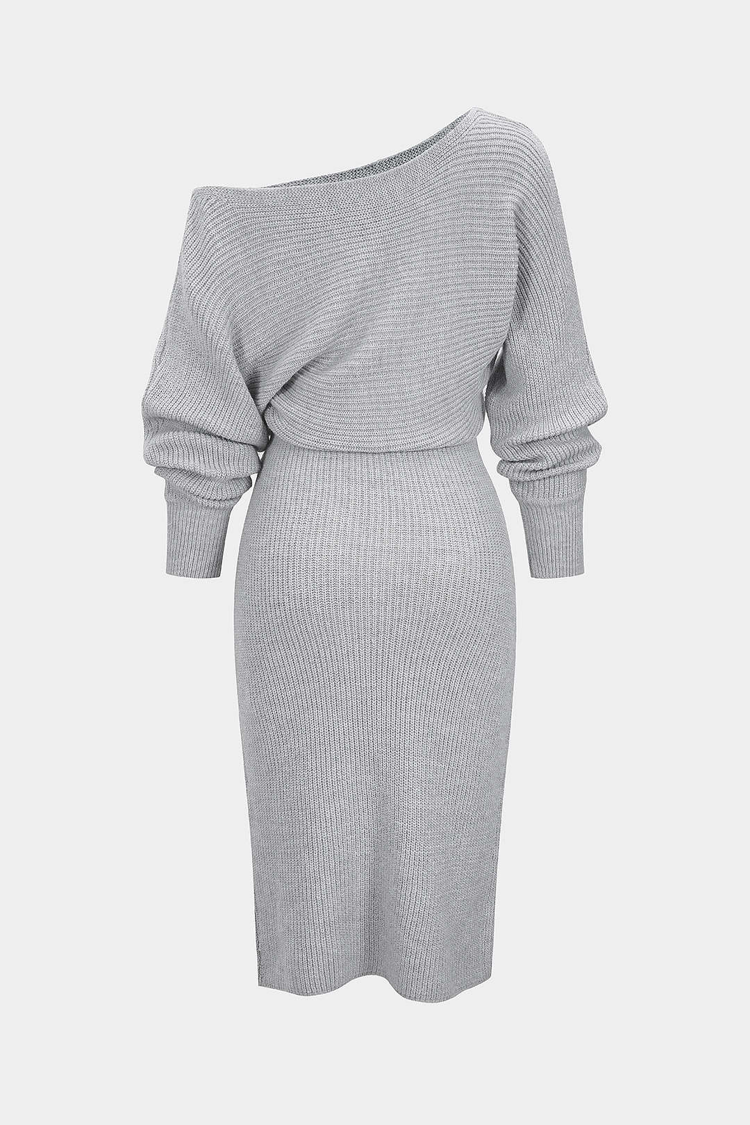 Knit Off-Shoulder Ribbed Side Slit Long Sleeve Dress - Image 2