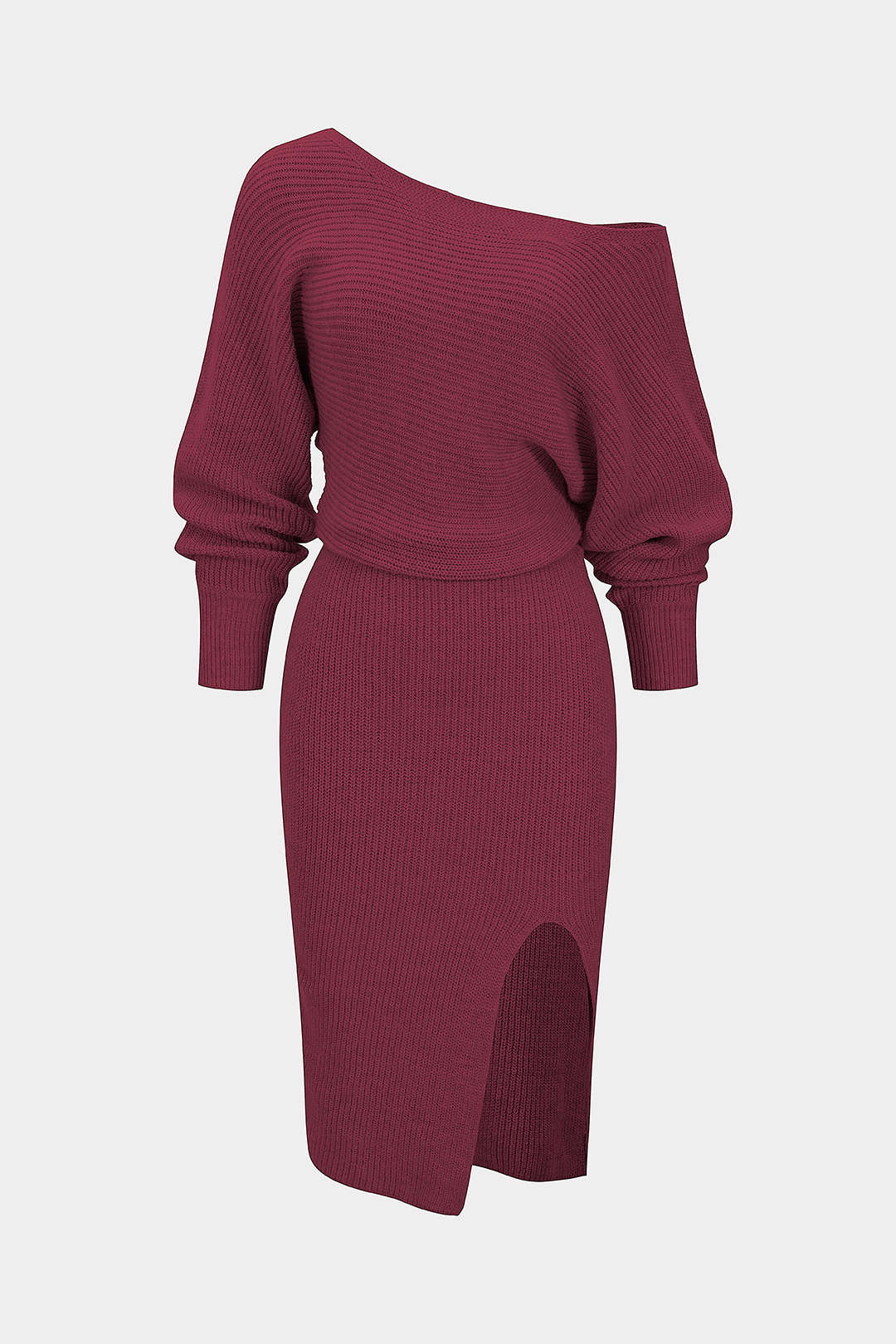 Knit Off-Shoulder Ribbed Side Slit Long Sleeve Dress - Image 6