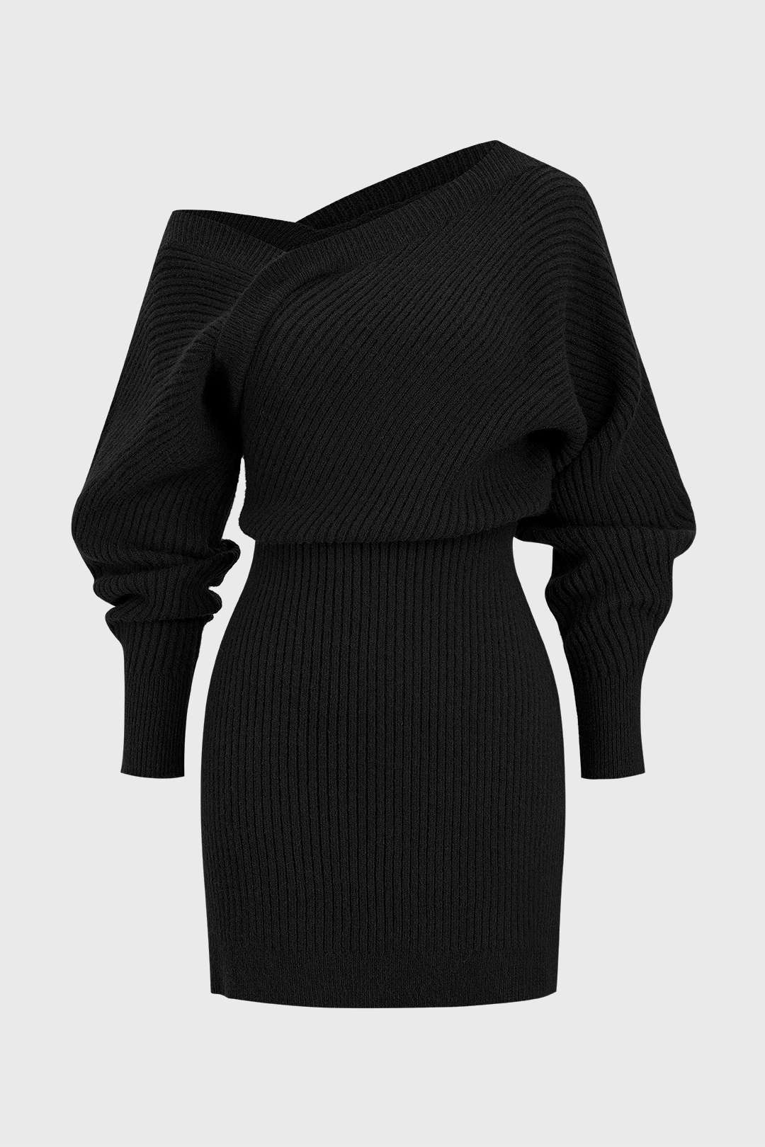 Knit Asymmetrical Neck Ribbed Long Sleeve Dress - Image 10
