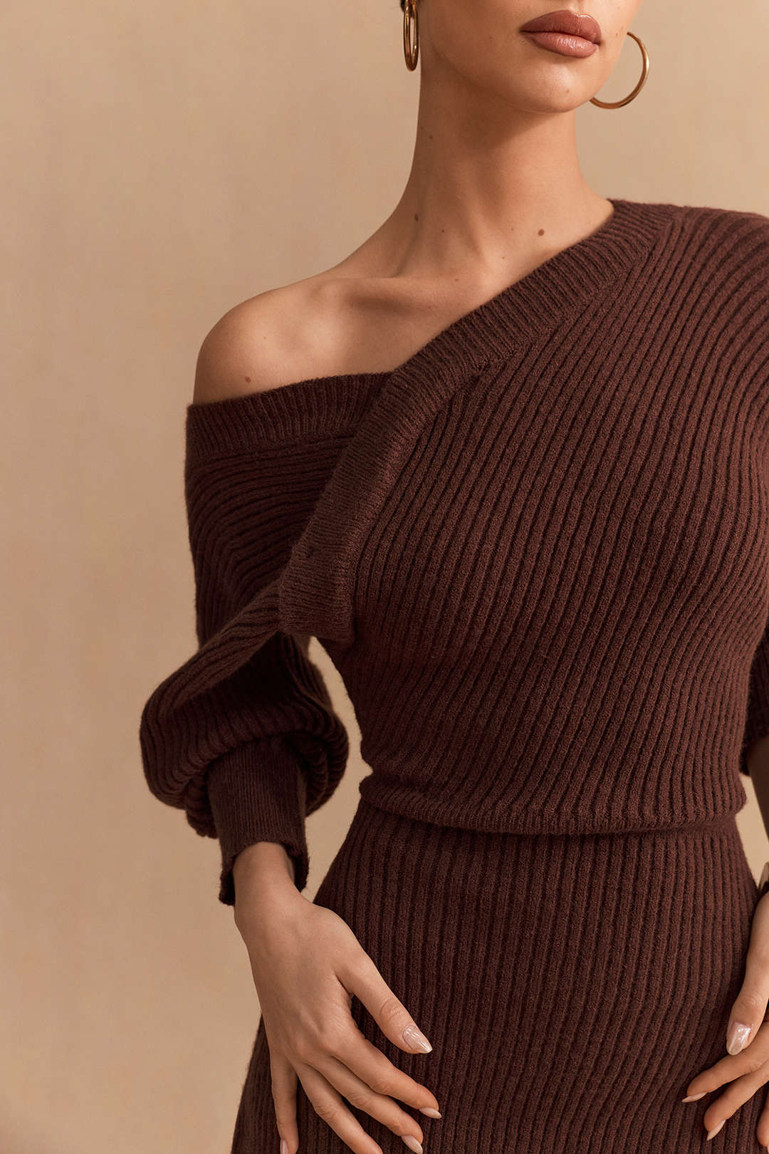 Knit Asymmetrical Neck Ribbed Long Sleeve Dress - Image 4