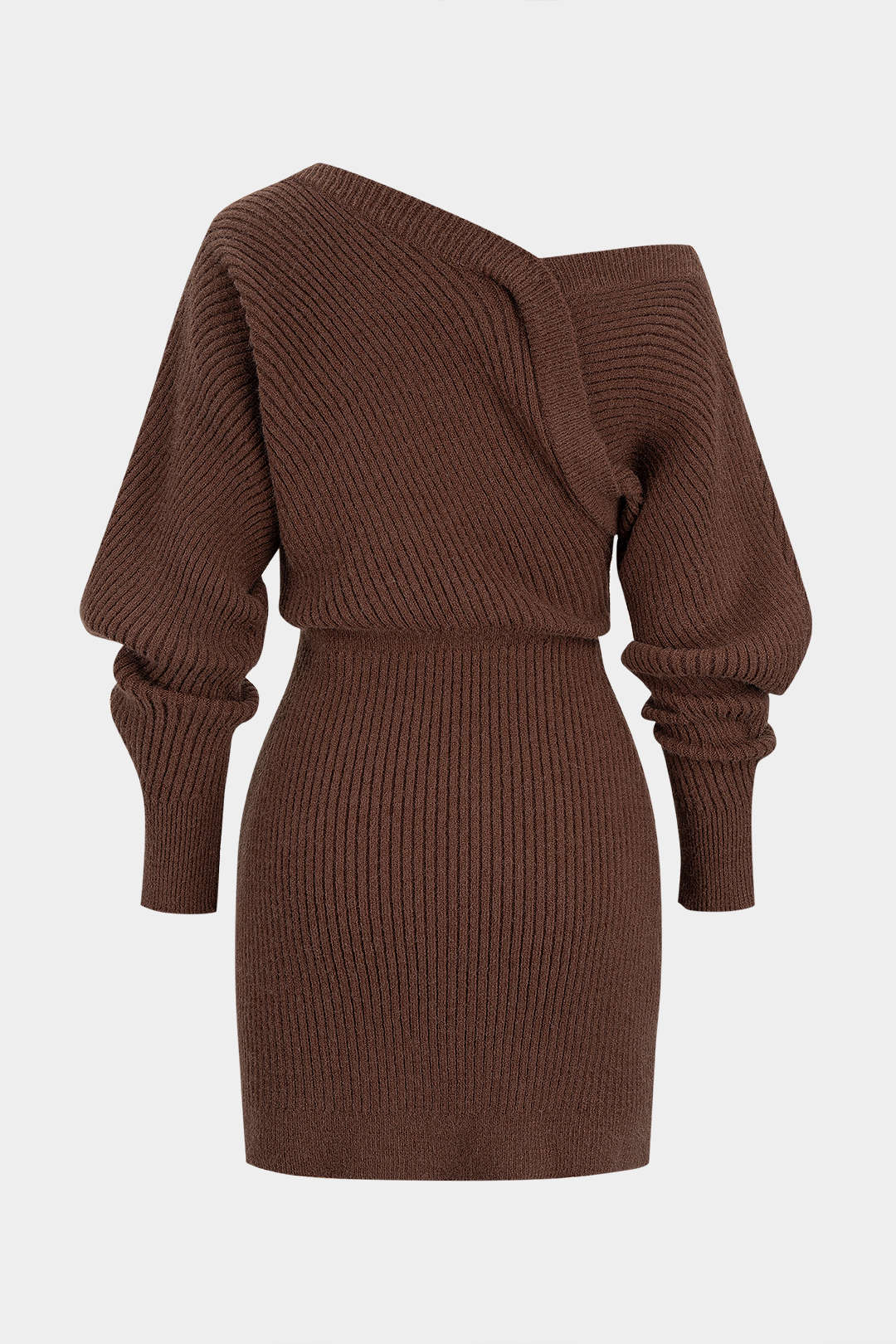 Knit Asymmetrical Neck Ribbed Long Sleeve Dress - Image 7