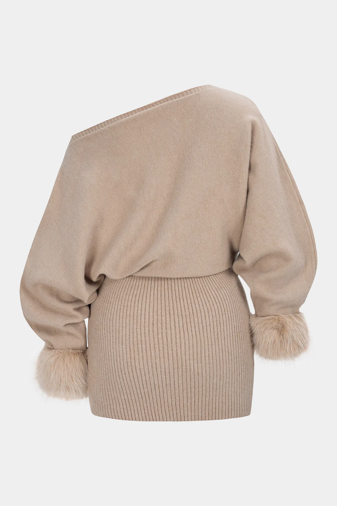 Knit Patchwork Faux Fur One Shoulder Long Sleeve Mini Dress - Image 2