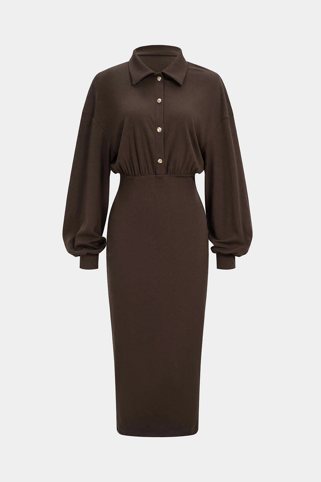 Knit Solid Button Long Sleeve Midi Dress