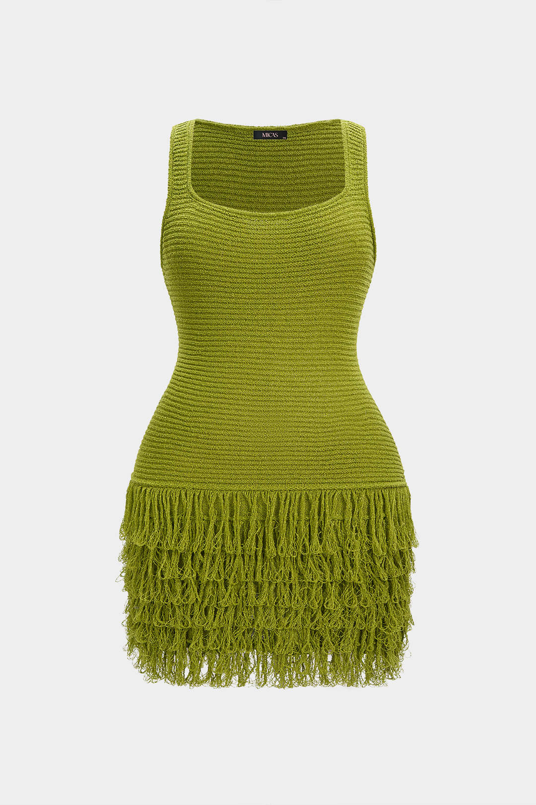Plus Size Knit Square Neck Fringe Sleeveless Dress