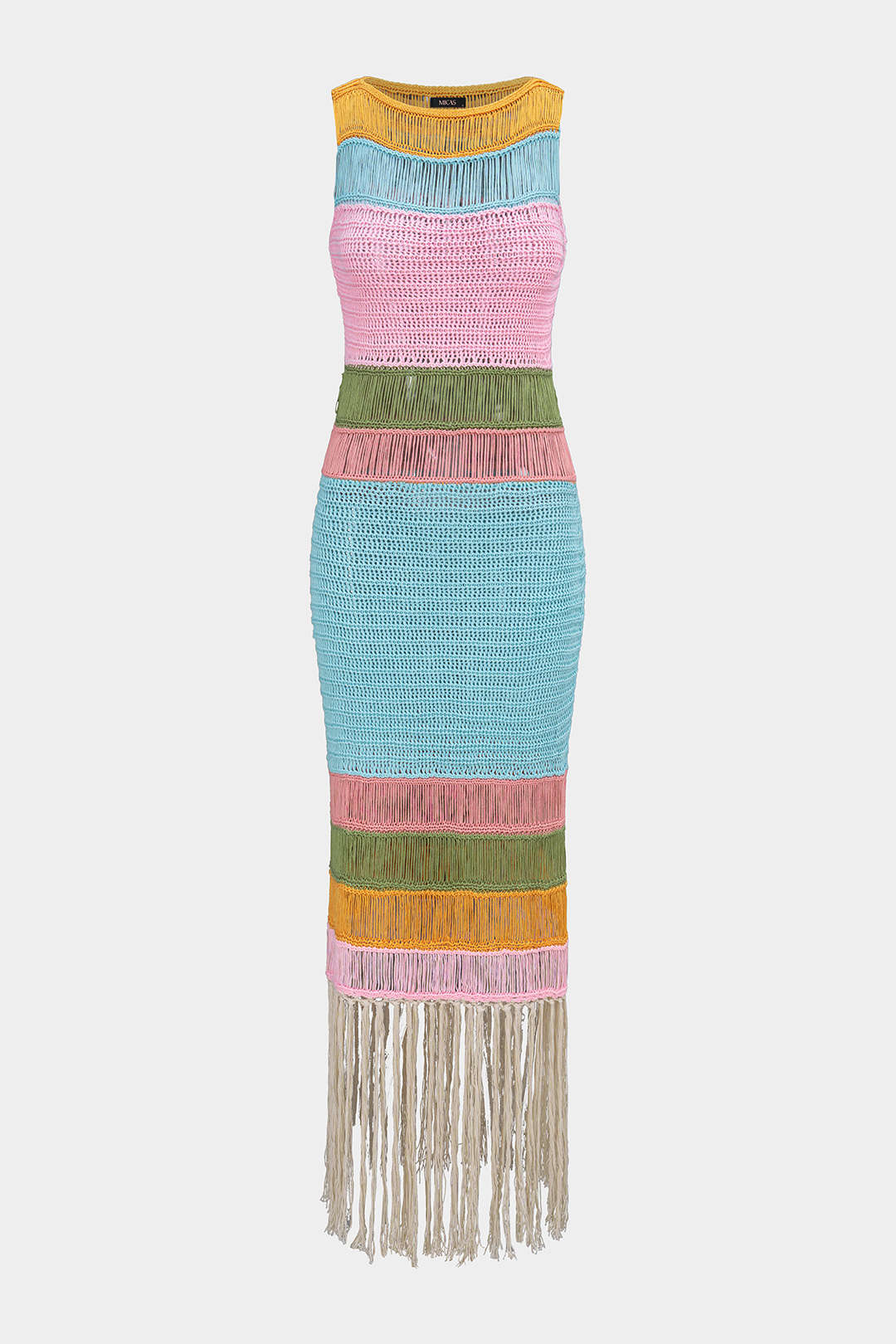 Knit Multicolor Round Neck Fringe Sleeveless Dress