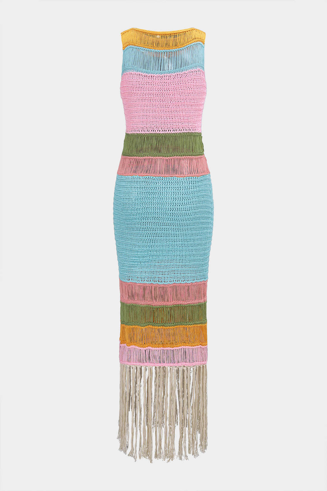 Knit Multicolor Round Neck Fringe Sleeveless Dress - Image 2