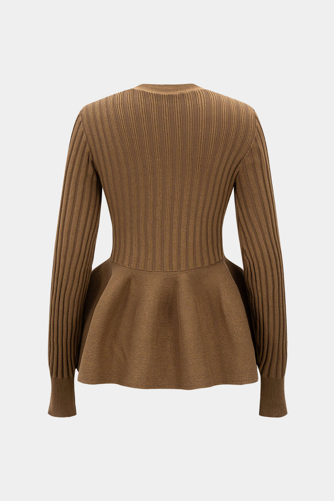 Knit V-Neck Puff Hem Ribbed Long-Sleeve Top - Image 2