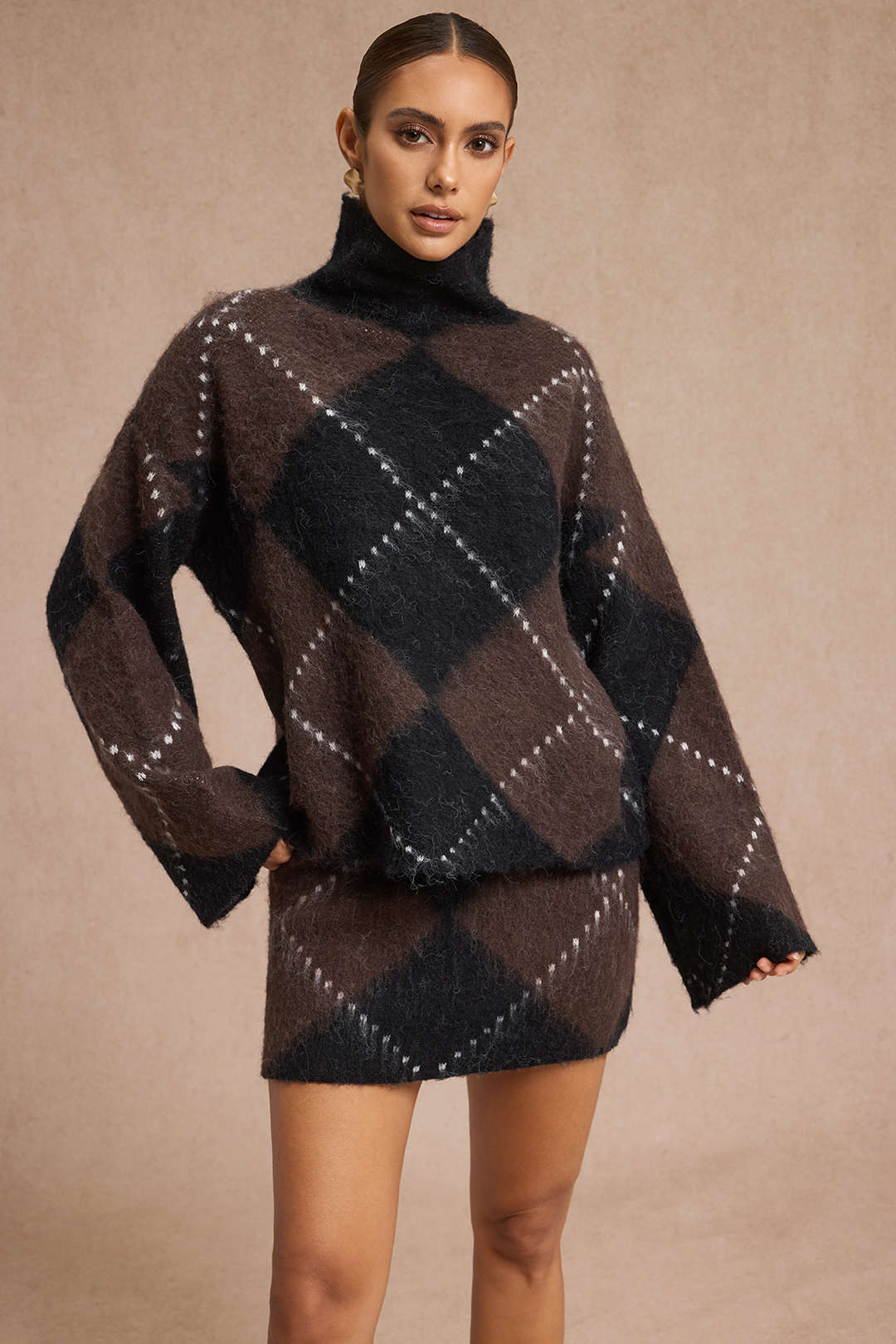 Knit  Argyle Print High Neck Long-Sleeve Top - Image 2