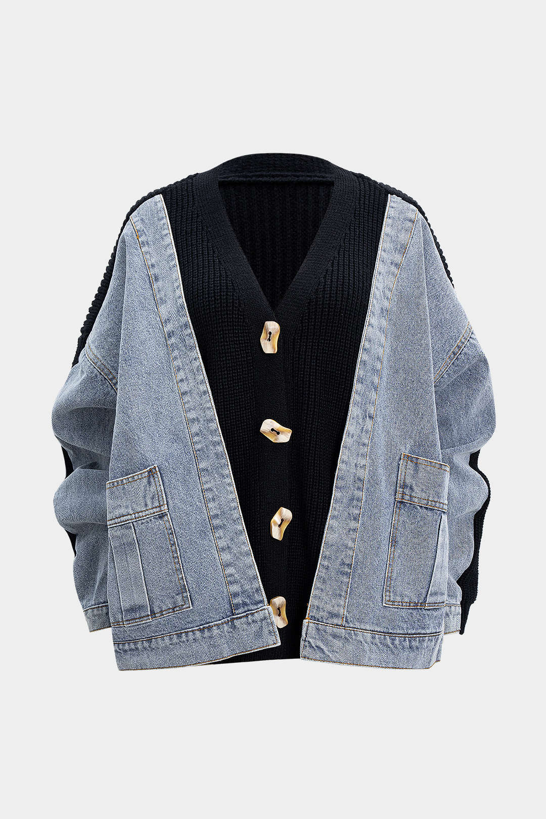 Denim Patchwork V-Neck Pocket Sweater Cardigan