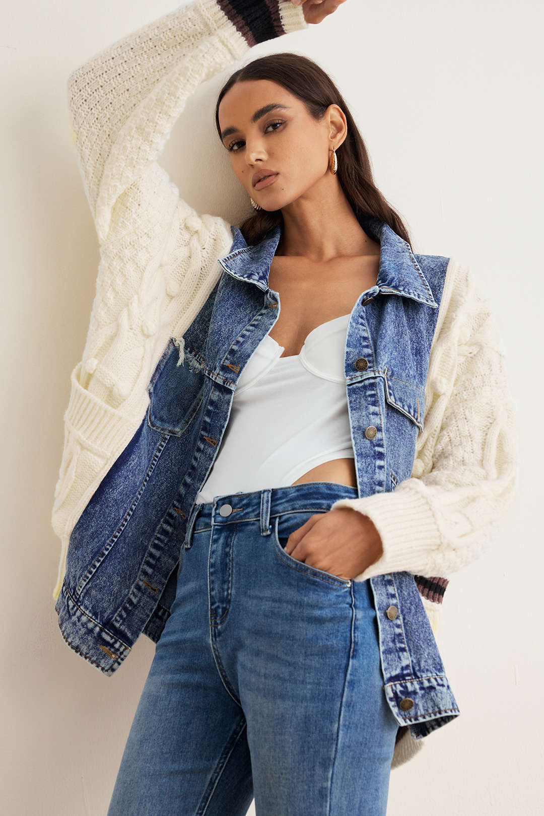 Knit Denim Patchwork Sweater Cardigan