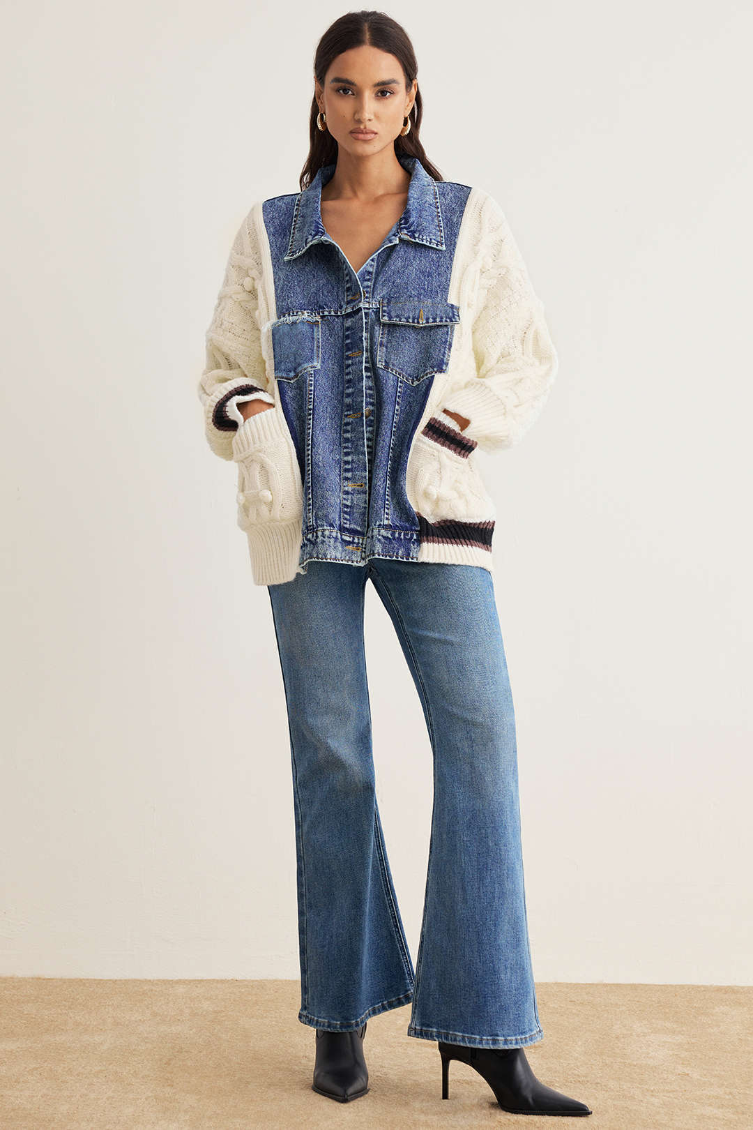Knit Denim Patchwork Sweater Cardigan - Image 3