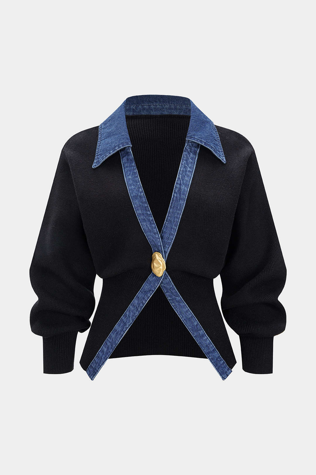 Knit Corset Waist Washed V-Neck Ruched Patchwork Cardigan