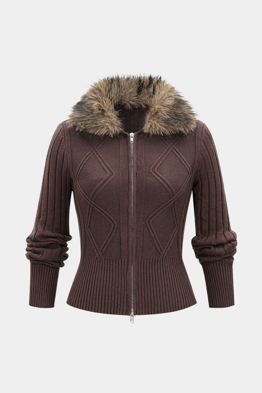 Knit Patchwork Fringe Zipper Cardigan