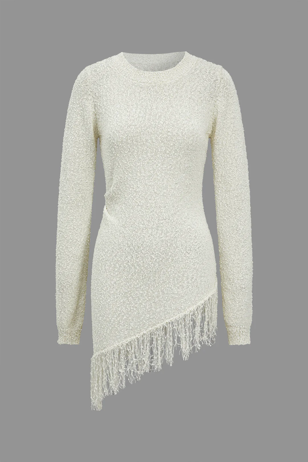 Solid Sweater Fringe Asymmetrical Long-Sleeve Top - Image 3