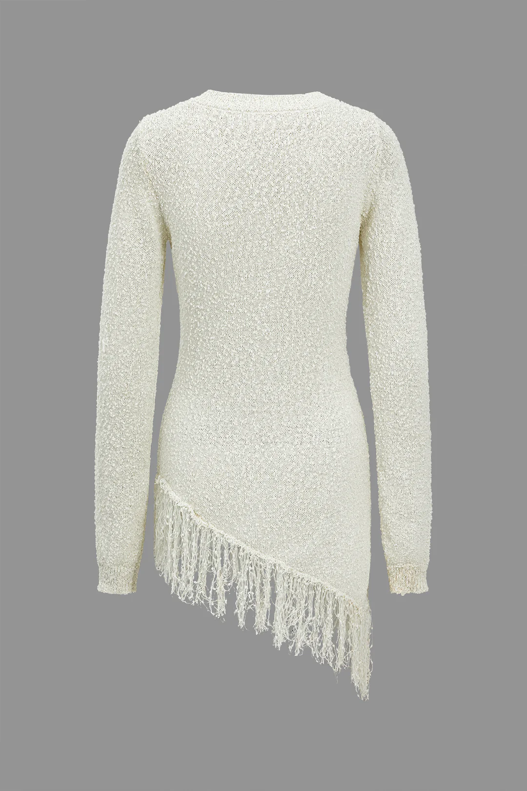 Solid Sweater Fringe Asymmetrical Long-Sleeve Top - Image 4