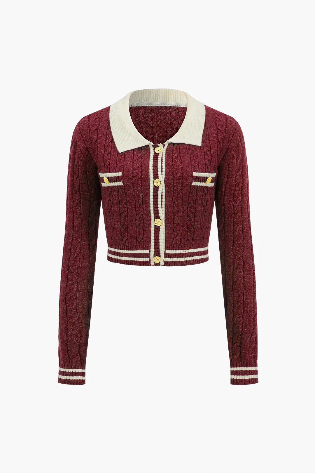 Knit Color Block Button Fake Pockets Long-Sleeve Top - Image 5