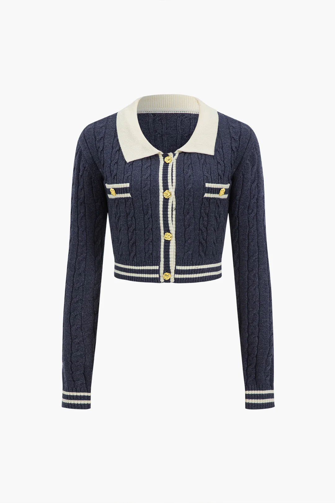 Knit Color Block Button Fake Pockets Long-Sleeve Top - Image 7