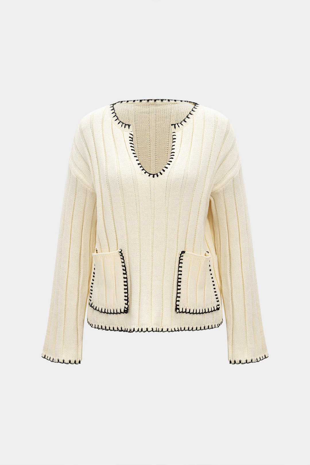 Knit V-Neck Contrast Binding Pocket Long-Sleeve Top