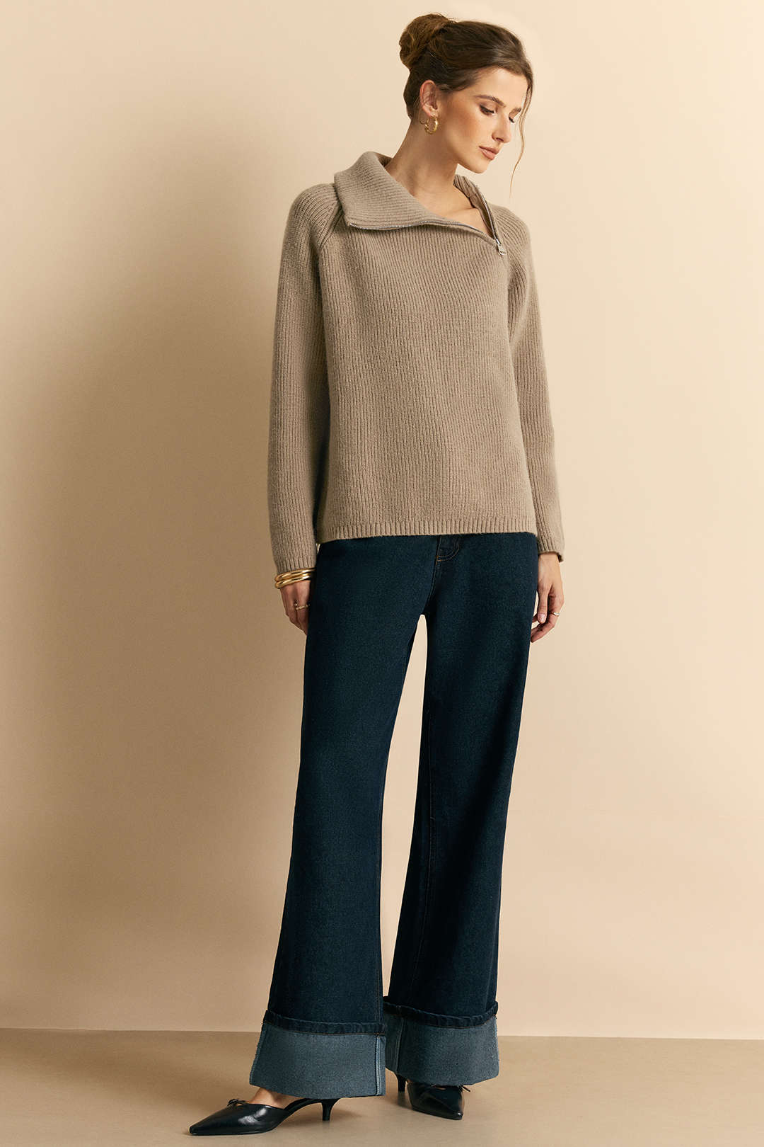 Knit Zipper Turn-Down Collar Long-Sleeve Top - Image 3