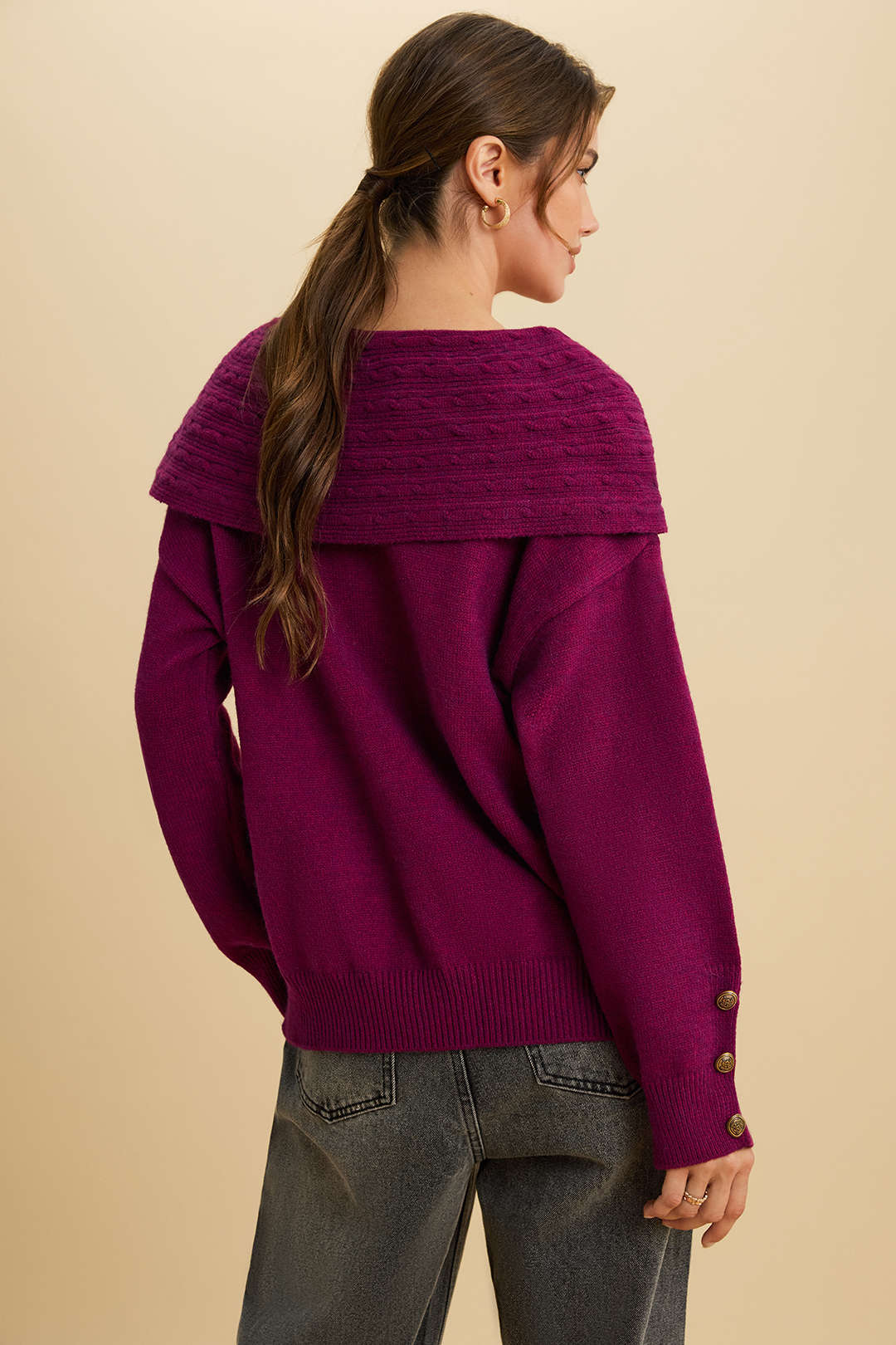 Knit Irregular Lapel Button Long-Sleeve Top - Image 2