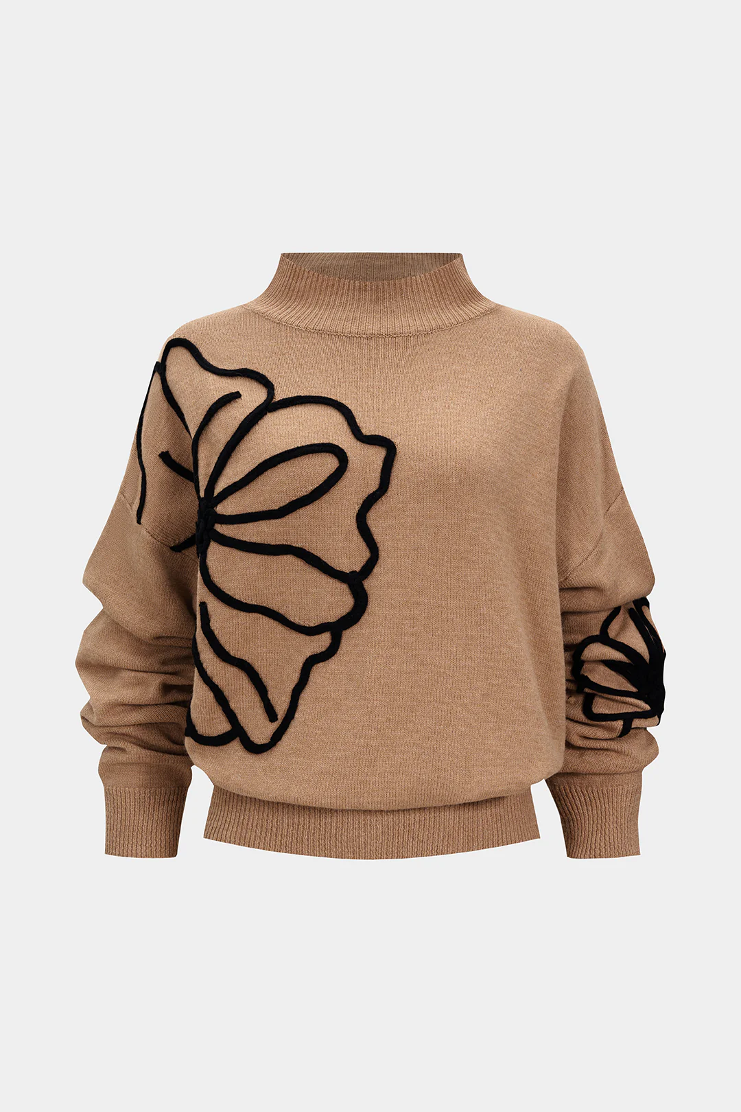 Knit Flower Embroidery High Collar Long-Sleeve Top