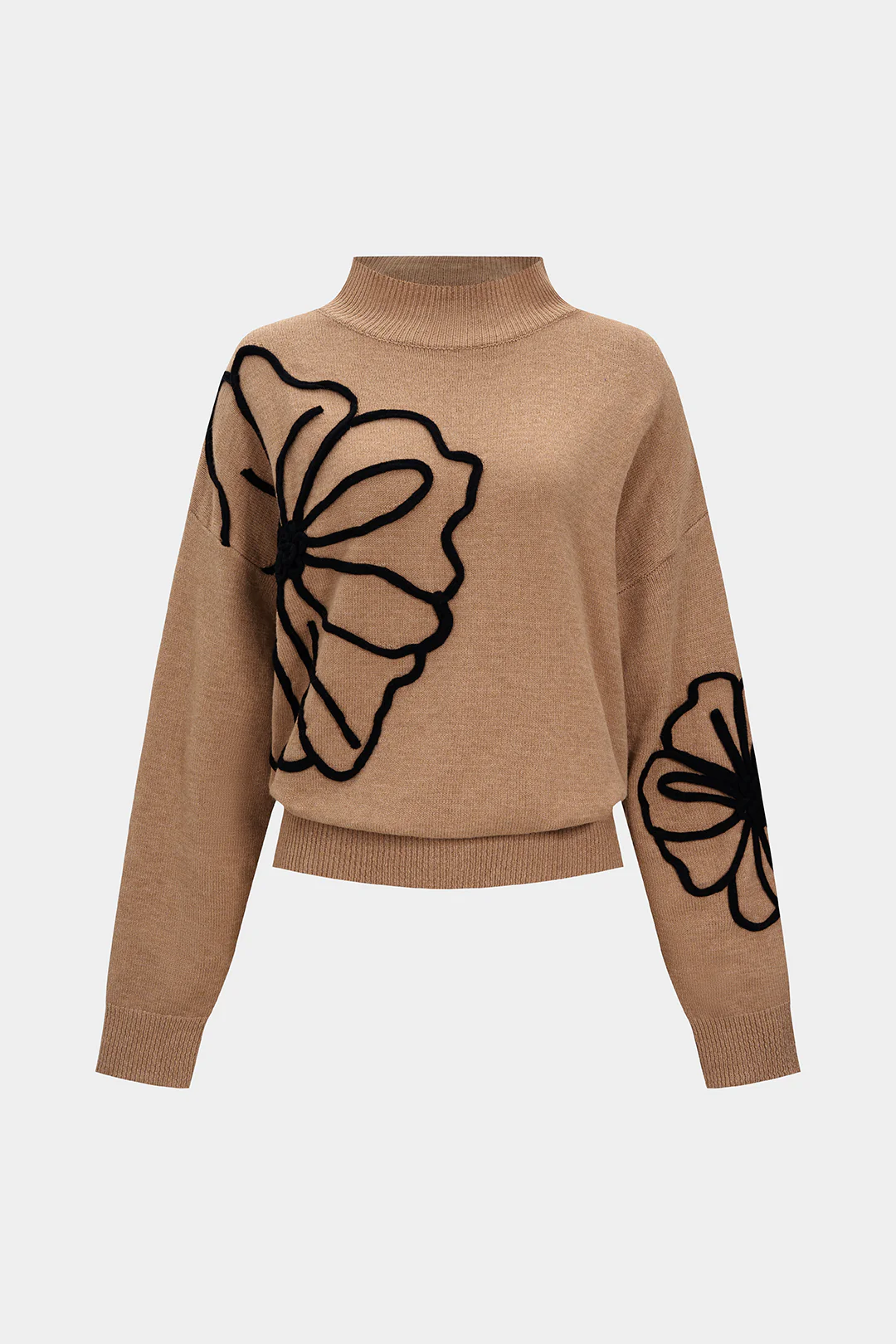 Knit Flower Embroidery High Collar Long-Sleeve Top - Image 3