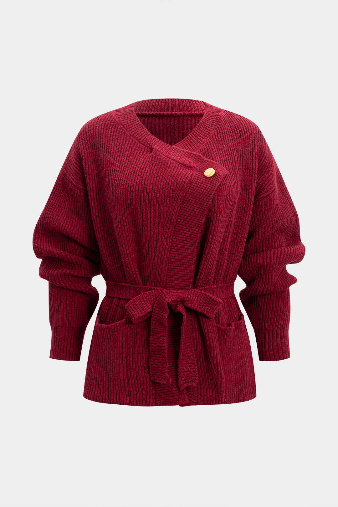 Knit Metallic Button Asymmetrical Tie-Up Pocket Cardigan
