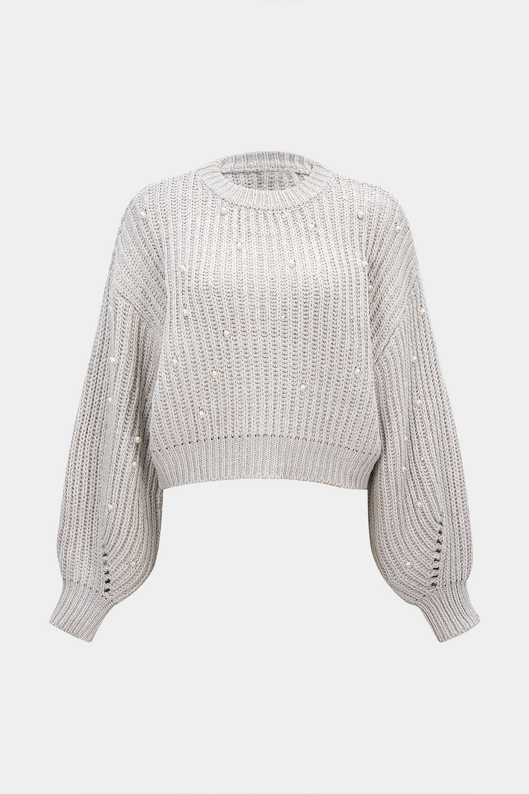 Knit Beaded Decor Round Neck Long-Sleeve Top - Image 2
