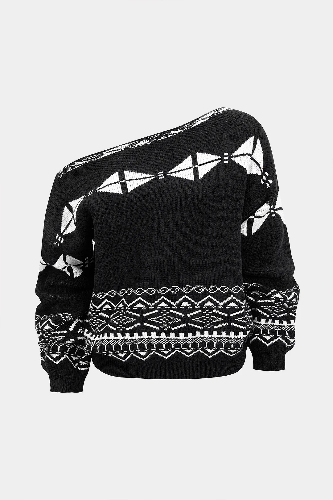 Knit Geometric Print Slant Shoulder Long-Sleeve Top