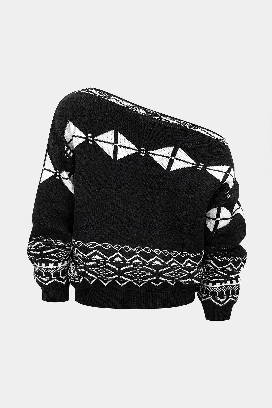 Knit Geometric Print Slant Shoulder Long-Sleeve Top - Image 2