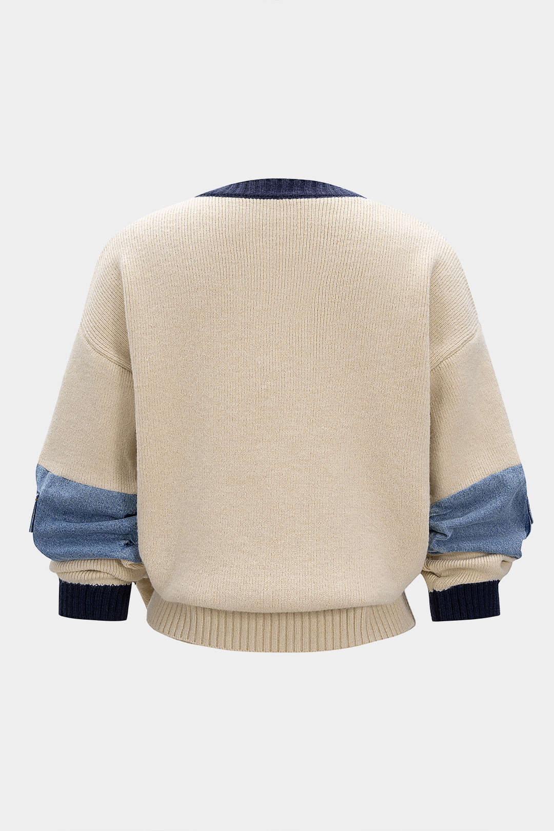 Knit Denim Patchwork Contrast Ribbed Long-Sleeve Top - Image 2