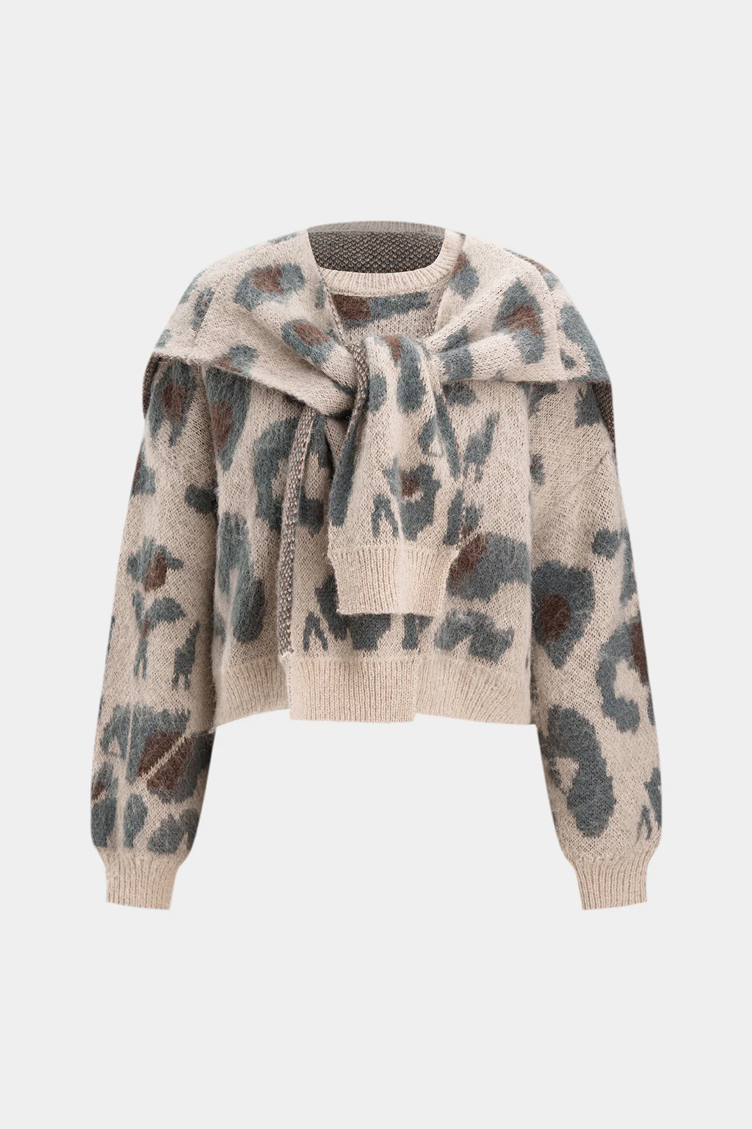 Contrast Abstract Print Knit Long-Sleeve Top With Shawl