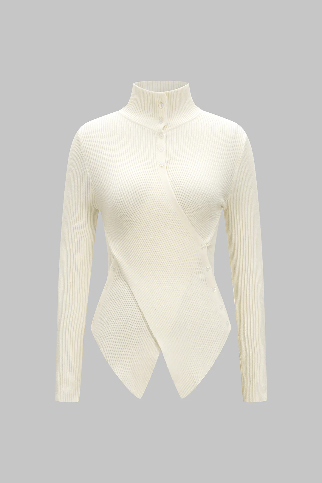 Knit Stand Collar Irregular Button Long-Sleeve Top