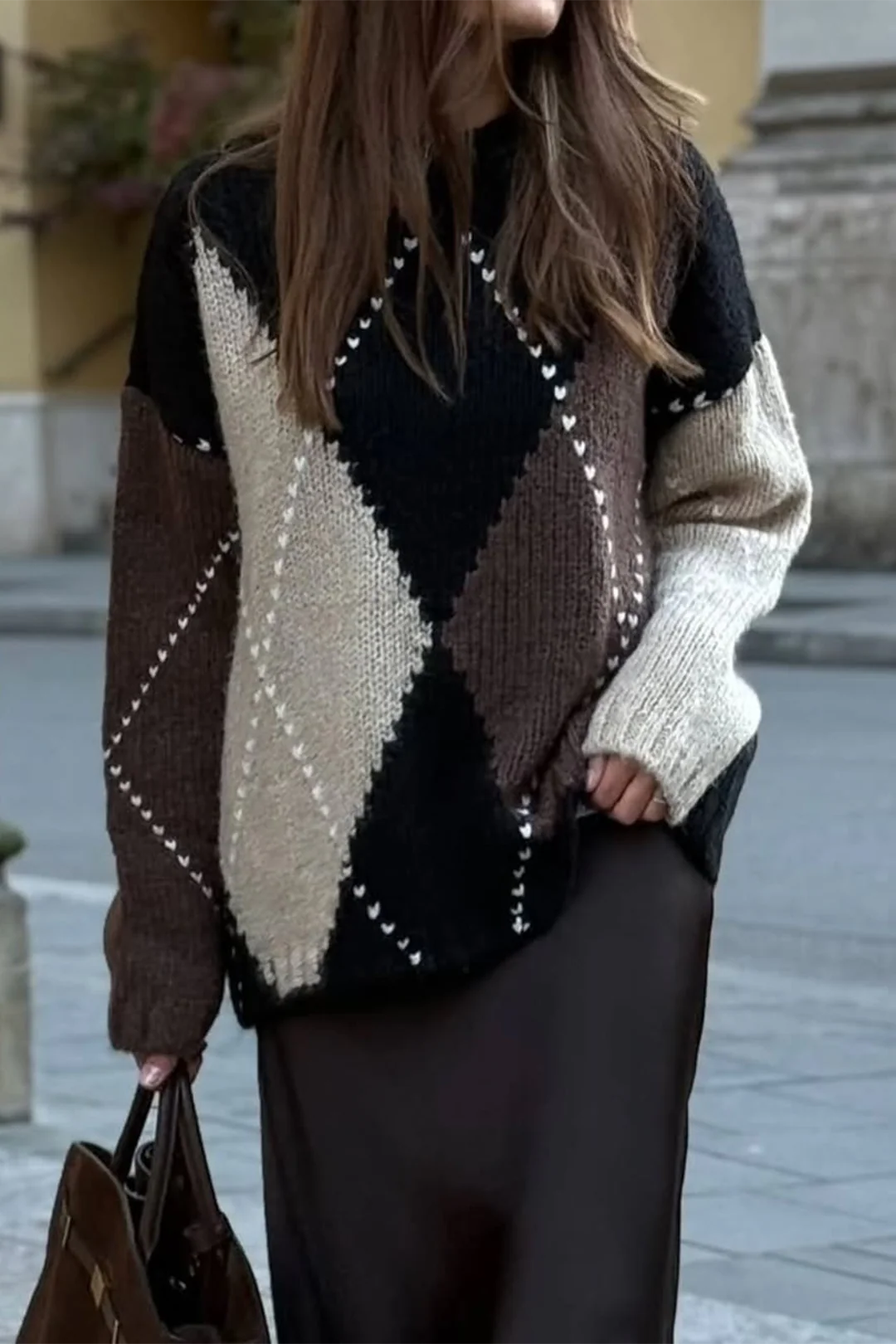 Knit Contrast Diamond Pattern Long-Sleeve Top