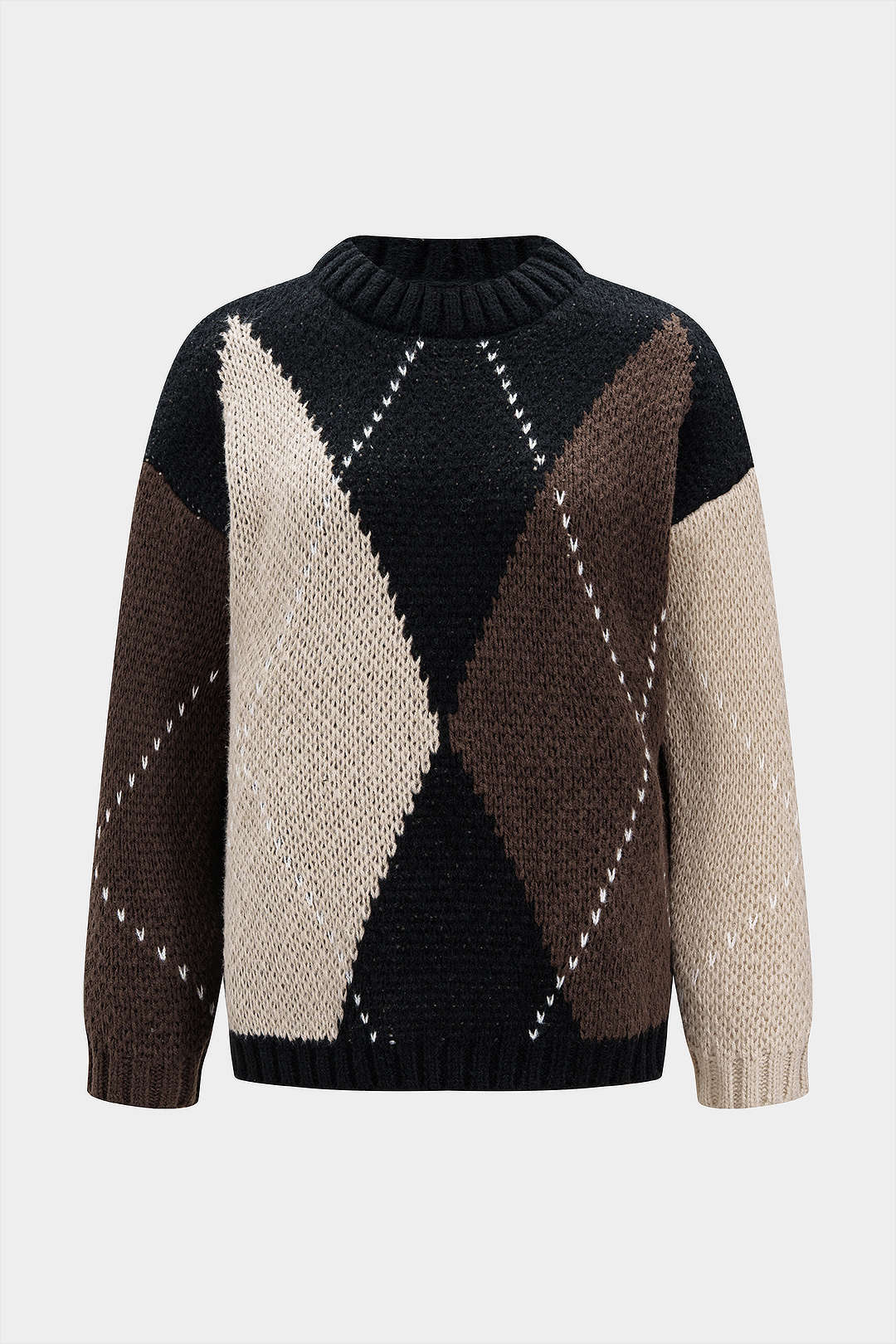 Knit Contrast Diamond Pattern Long-Sleeve Top - Image 2