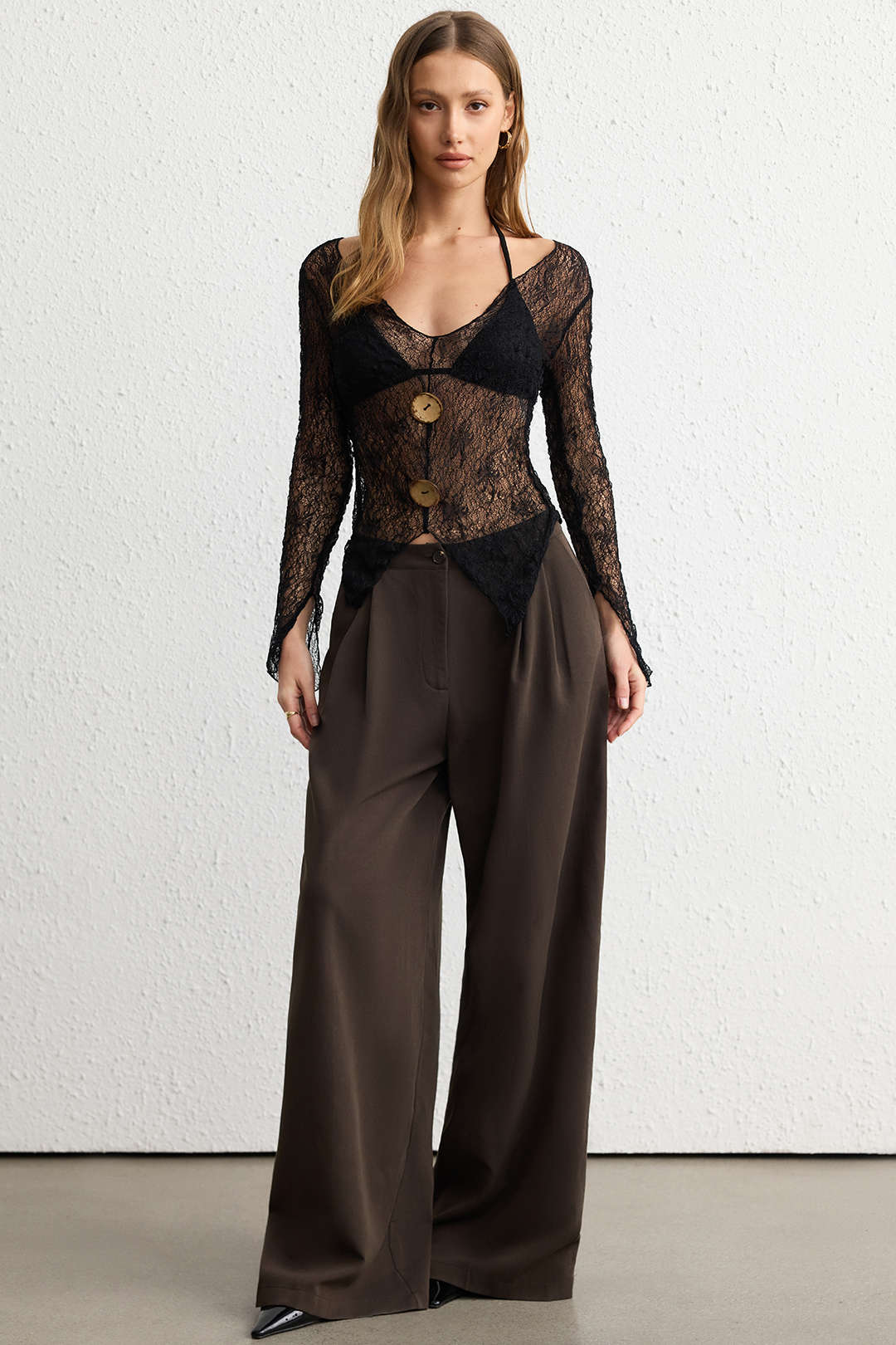 Jacquard Textured V-Neck Slit Button Long Sleeve Top - Image 2