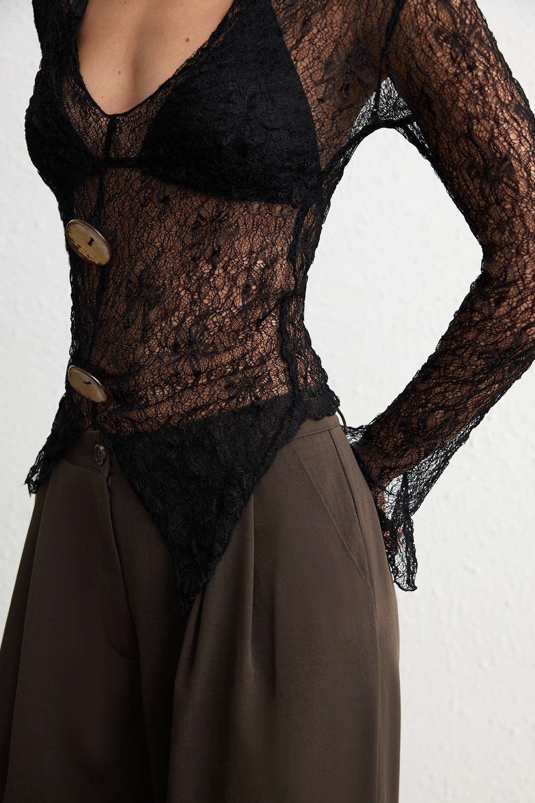 Jacquard Textured V-Neck Slit Button Long Sleeve Top - Image 3