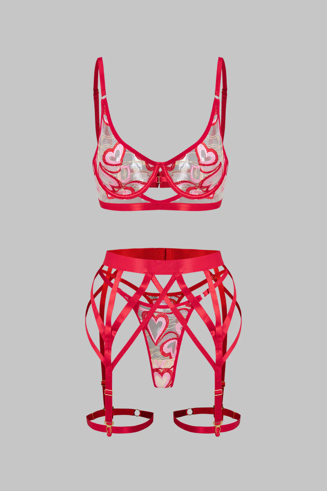 Sheer Mesh Embroidery Cut Out Lingerie Garter Set - Image 6